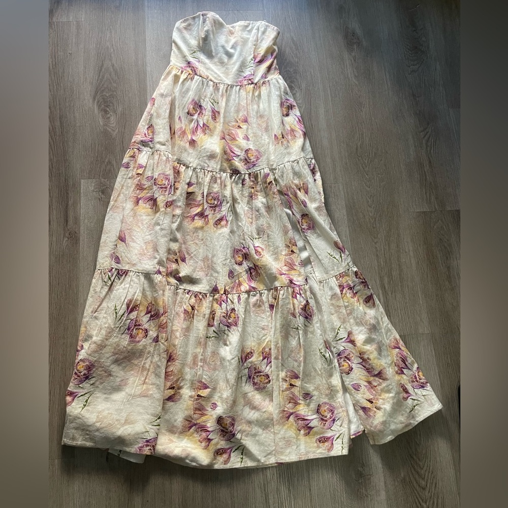 elliatt cream & purple floral print strapless boning maxi summer sun dress small